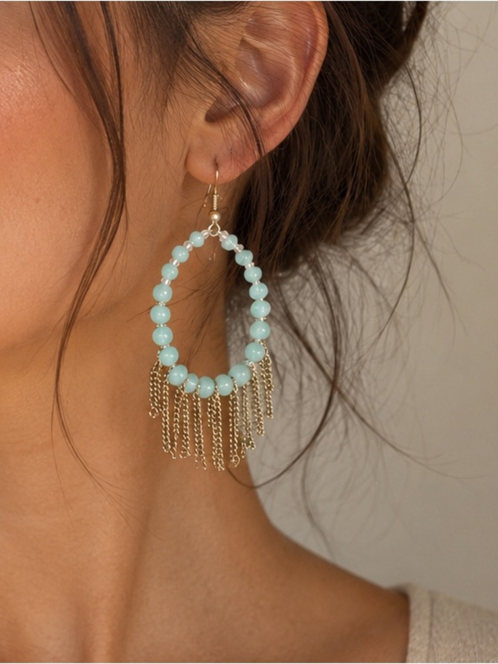 🔹 NWT Mint Beaded Hoop Fringe Earrings | Boho Festival Statement Earrings